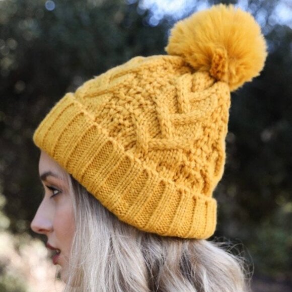 Cable Knit Beanie with Thermal Lining in Yellow - Picture 2 of 4